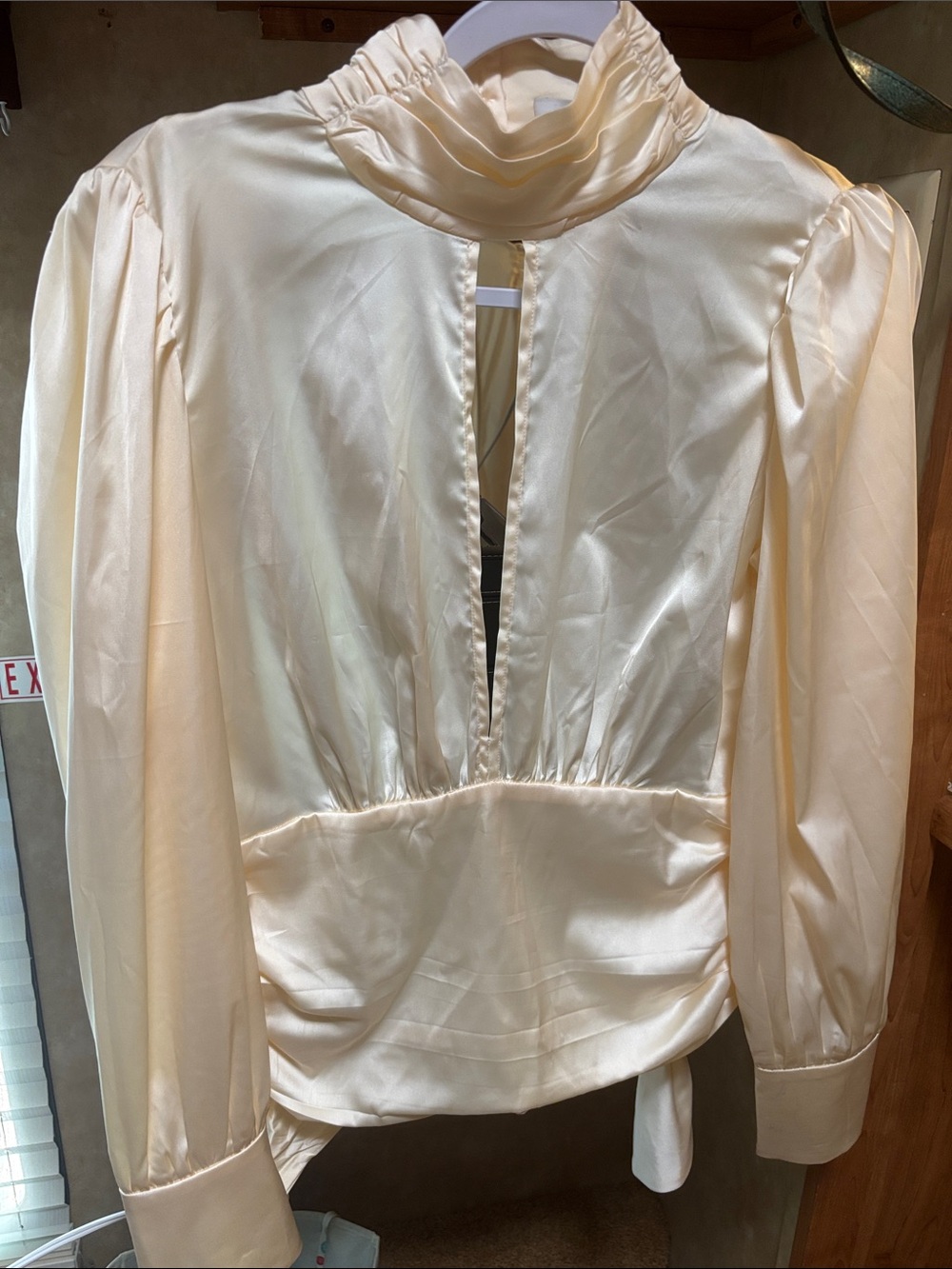 moodie Cream Satin High-Neck Ruffle Blouse